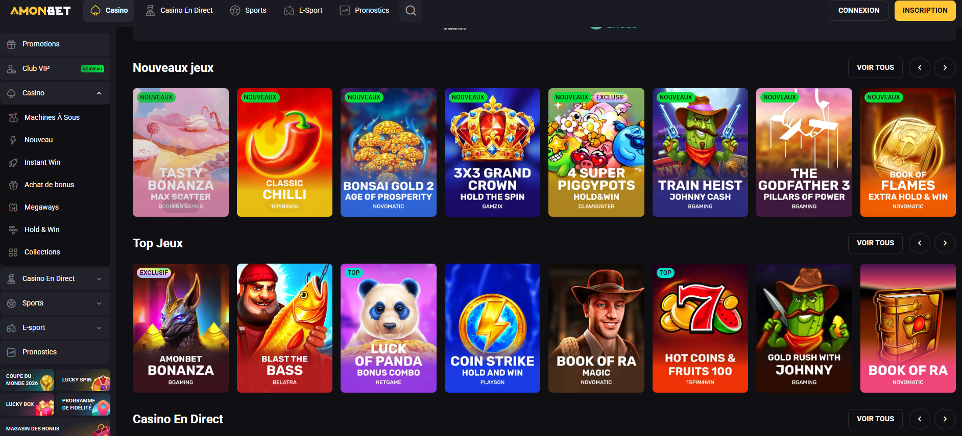 Amonbet casino homepage overview
